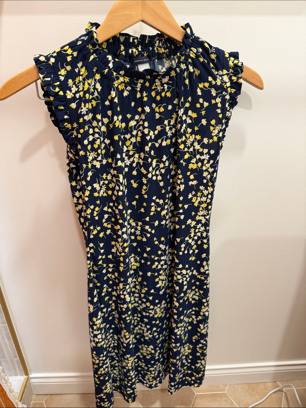 Blue white yellow floral high neck sleeveless dress